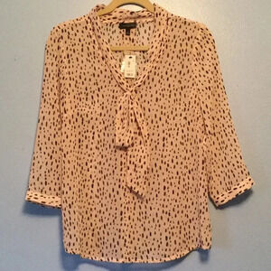 The Limited Women Samll Beige Black  Spot Tie Neck 3/4 Sleeve Chiffon Blouse